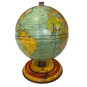 Vintage 1930s J Chien Tin Litho Globe Toy - Zodiac Base - Rare Collectible